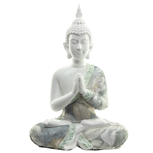 Buddha 300 Lotus siddende hvid polyresin med stof h23cm - Se Buddha figurer